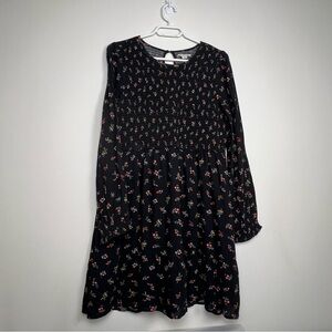 AE Black Ditsy Floral Babydoll Dress with Smocked Bodice & Keyhole Back size L